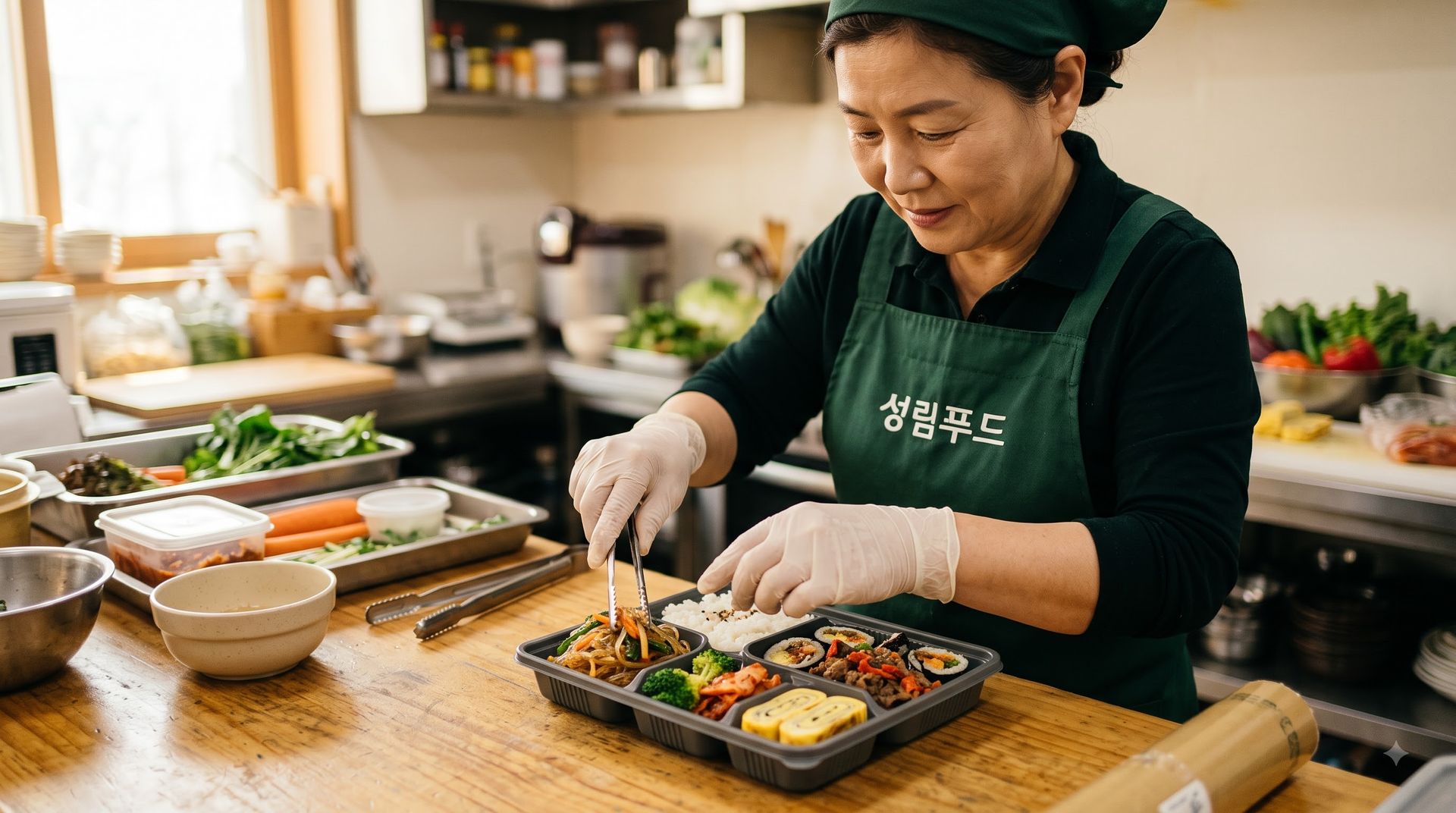 성림푸드 앞치마를 입은 직원이 도시락에 반찬을 담는 모습