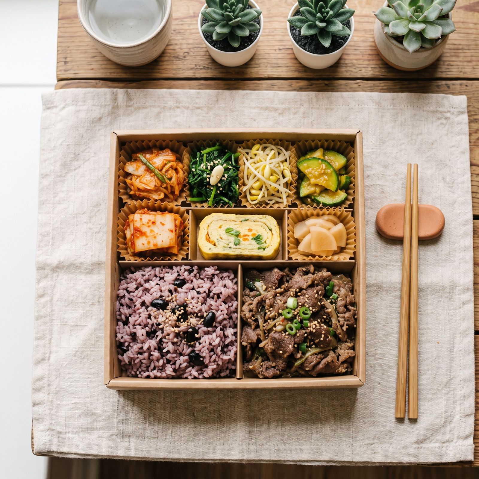 잡곡밥과 불고기, 나물 반찬이 담긴 도시락