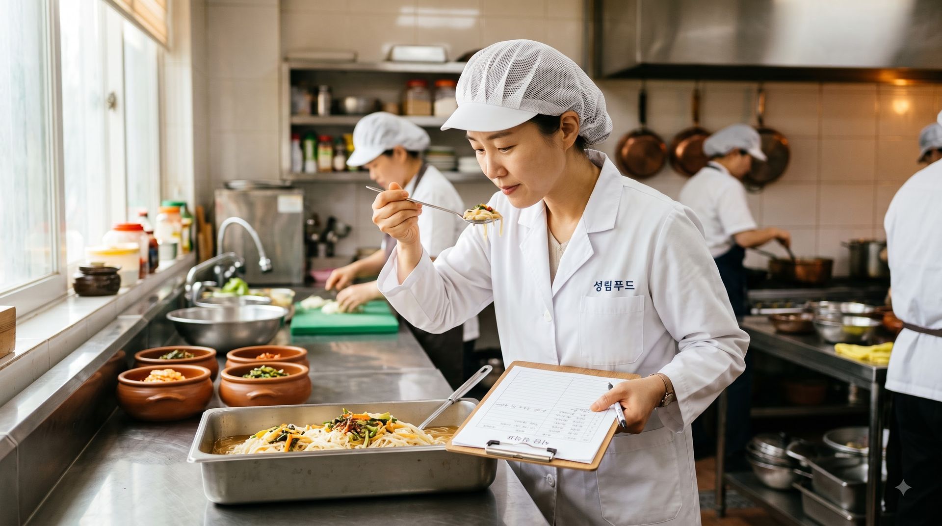 배식 전 음식을 맛보며 검식하는 영양사