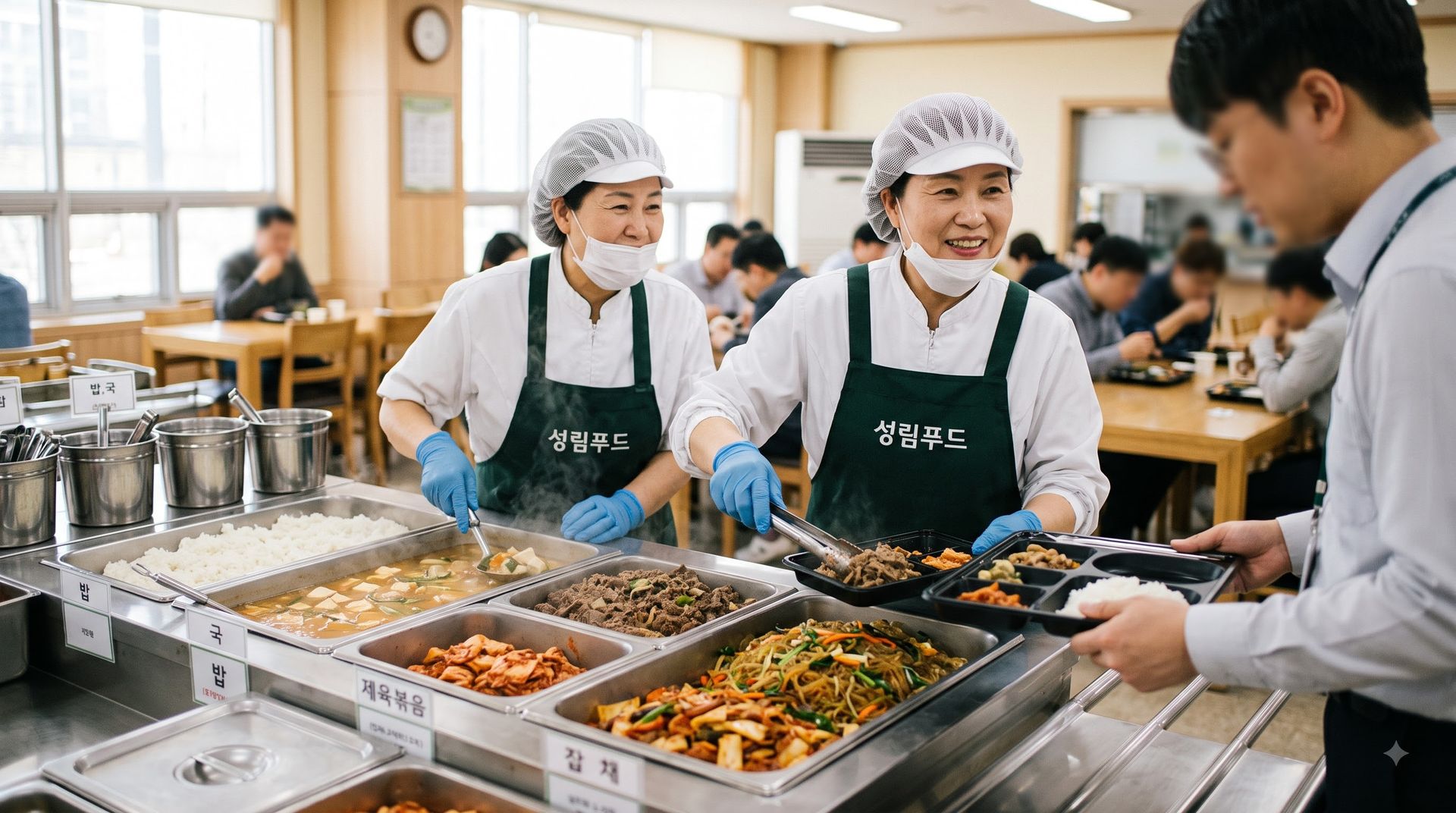 학교 급식 배식대에서 성림푸드 조리원들이 배식하는 모습